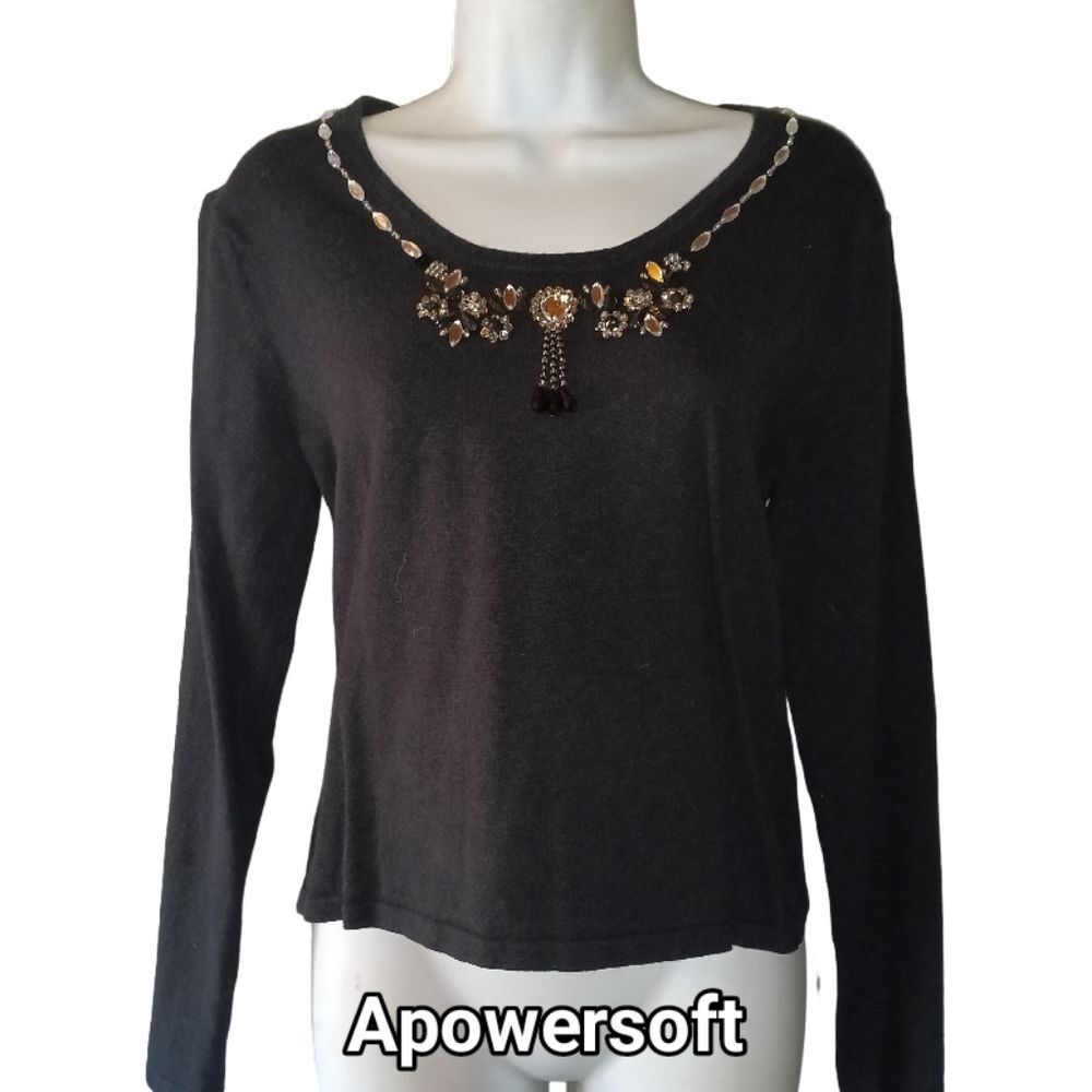 Embellished Black Scoop Neck Sweater - Women's Crew & Scoop